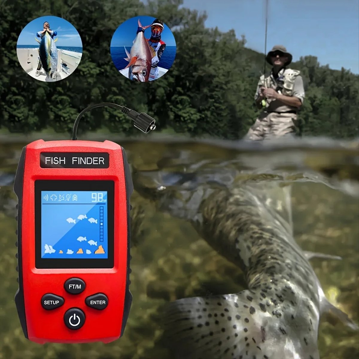 Fish Finder Transducer - เครื่องหาปลาแบบมีจอ LCD สี พร้อมหัววัดโซนาร์แบบมีสาย ตรวจจับความลึก สำหรับเรือตกปลา